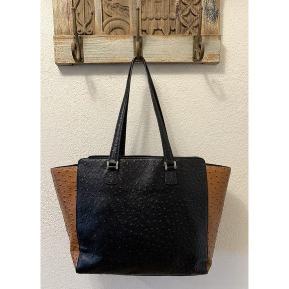 DOONEY & BOURKE East/West‎ Shopper Tote Bag OSTRICH LEATHER Black/Brown - EUC - Picture 7 of 16
